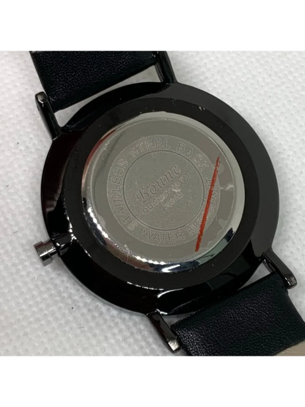 Boune men’s quartz analog watch black tone 40mm white dial leather band running